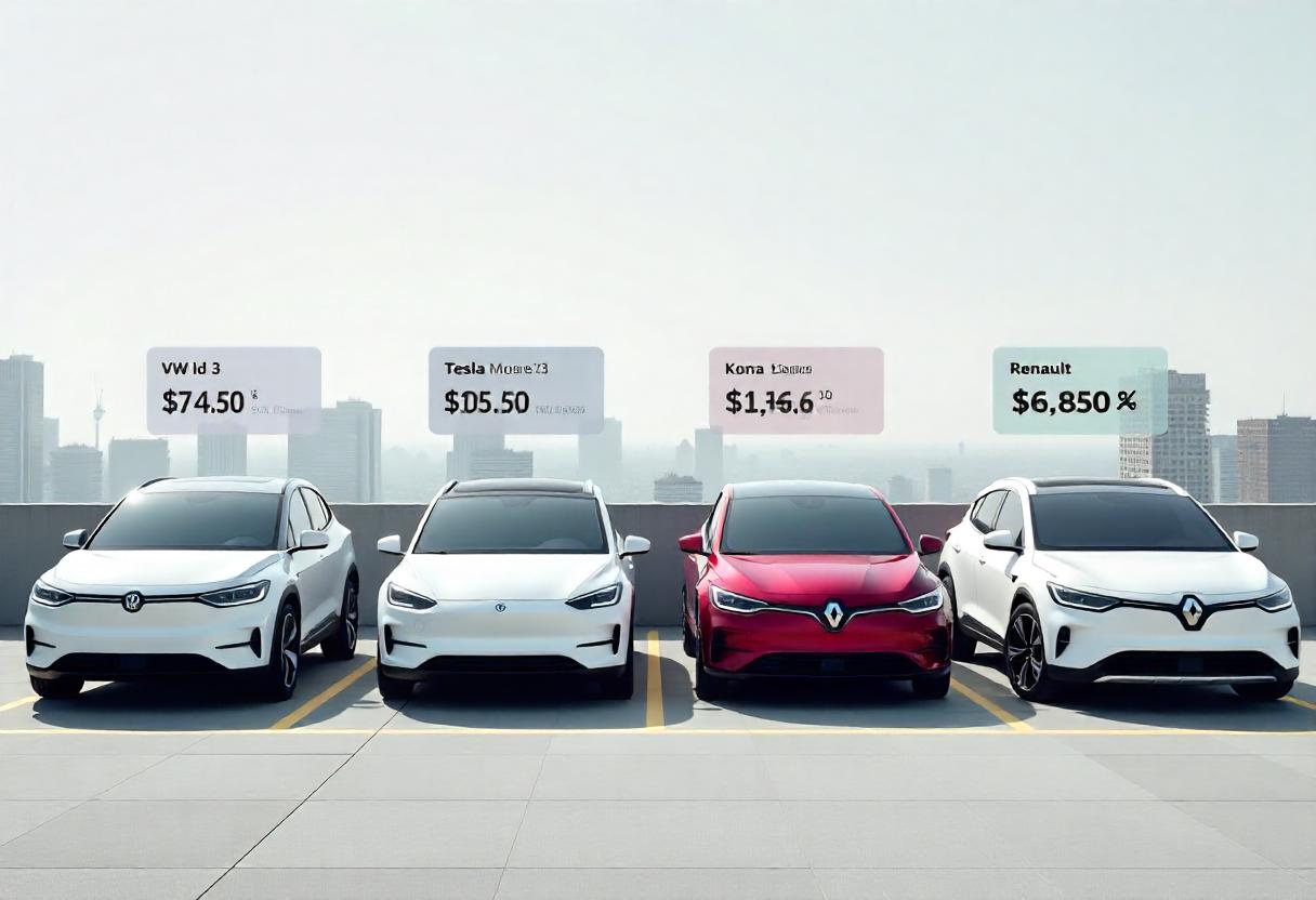 VW ID.3 im Vergleich 2025 – Reichweite, Ladeleistung und Wettbewerbsmodelle Vergleich zwischen VW ID.3, Tesla Model 3, Kona Elektro und Renault Megane E-Tech im Jahr 2025